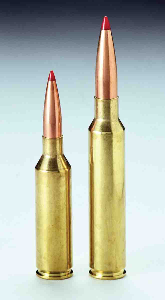The 6.5 PRC (left) and .300 PRC are designed for long heavy bullets seated well out of case mouth.